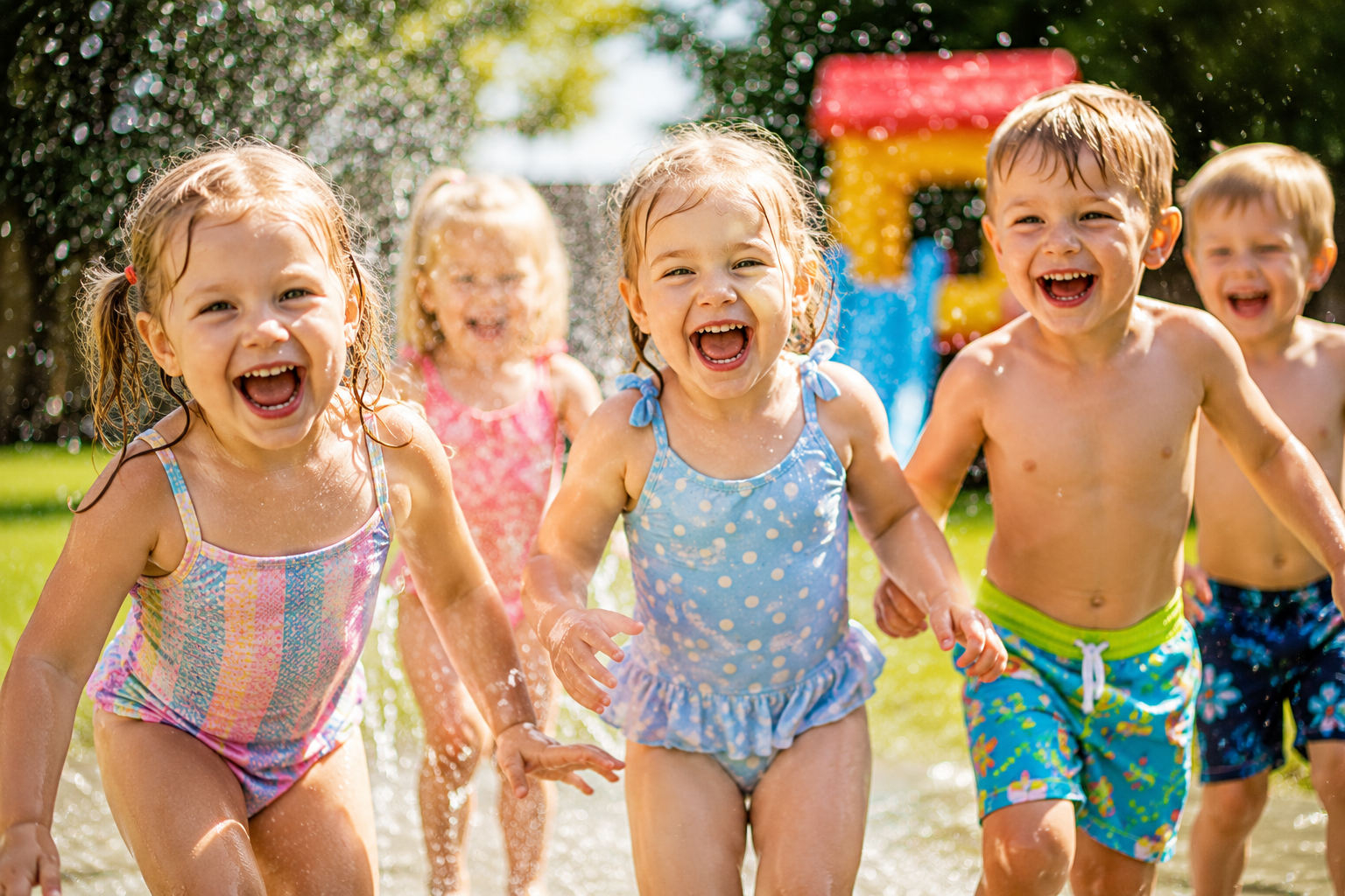Children laughing and splashing during a water play day outside