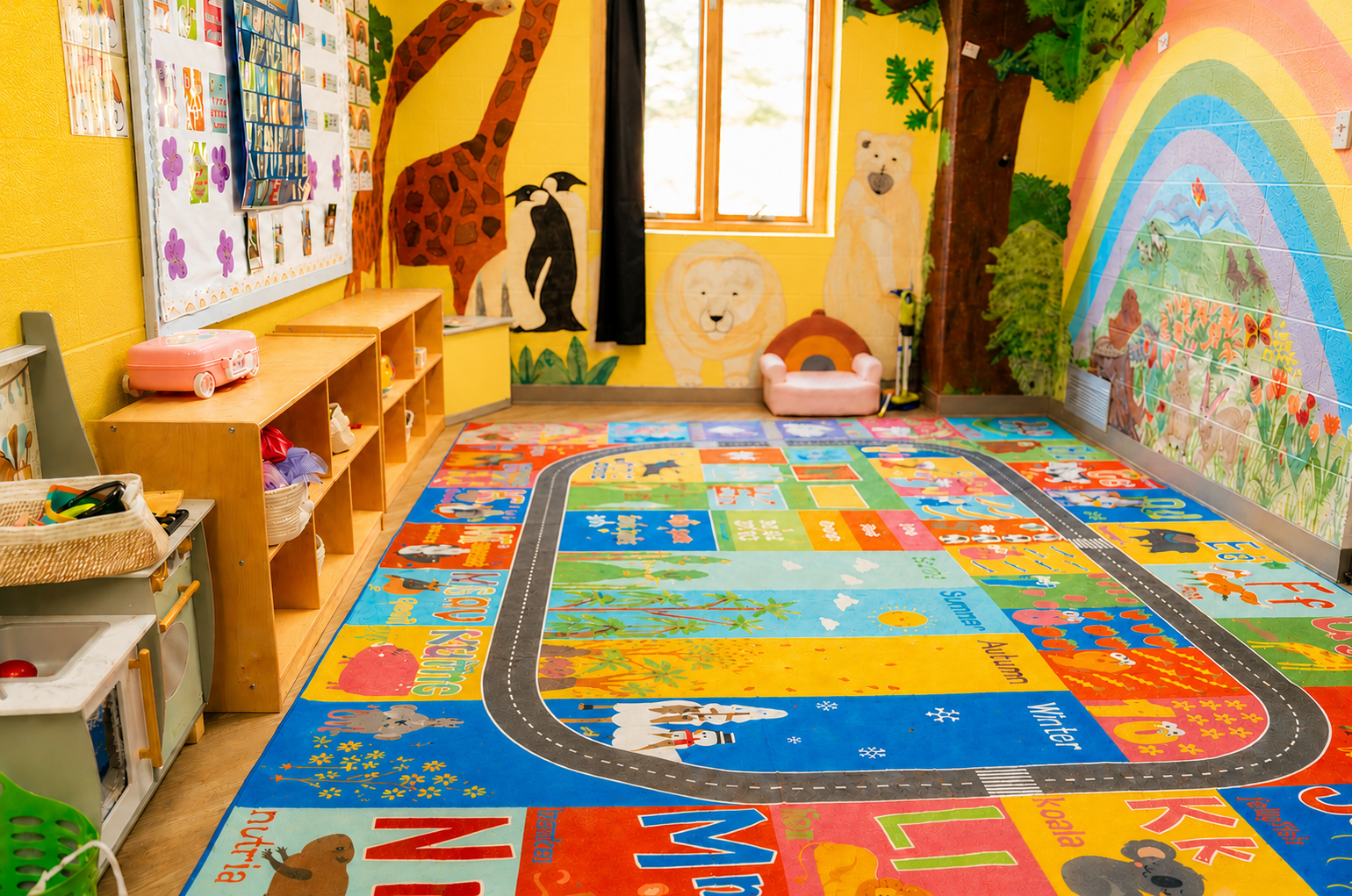 Bright organized preschool classroom with learning centers