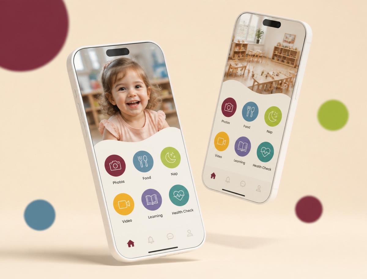 Brightwheel parent app showing daily updates and photos on a smartphone