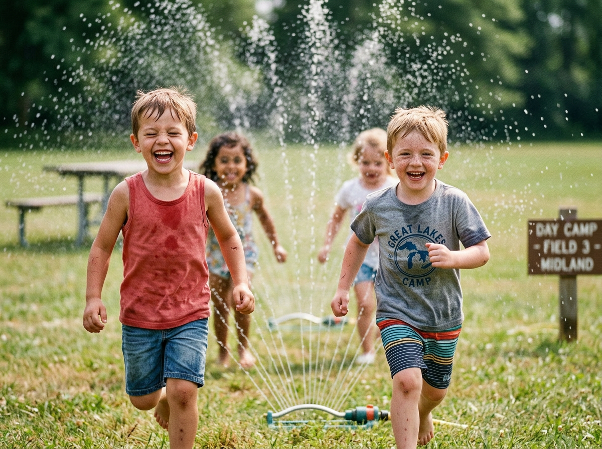 Children laughing and running through sprinklers at Adventure Camp