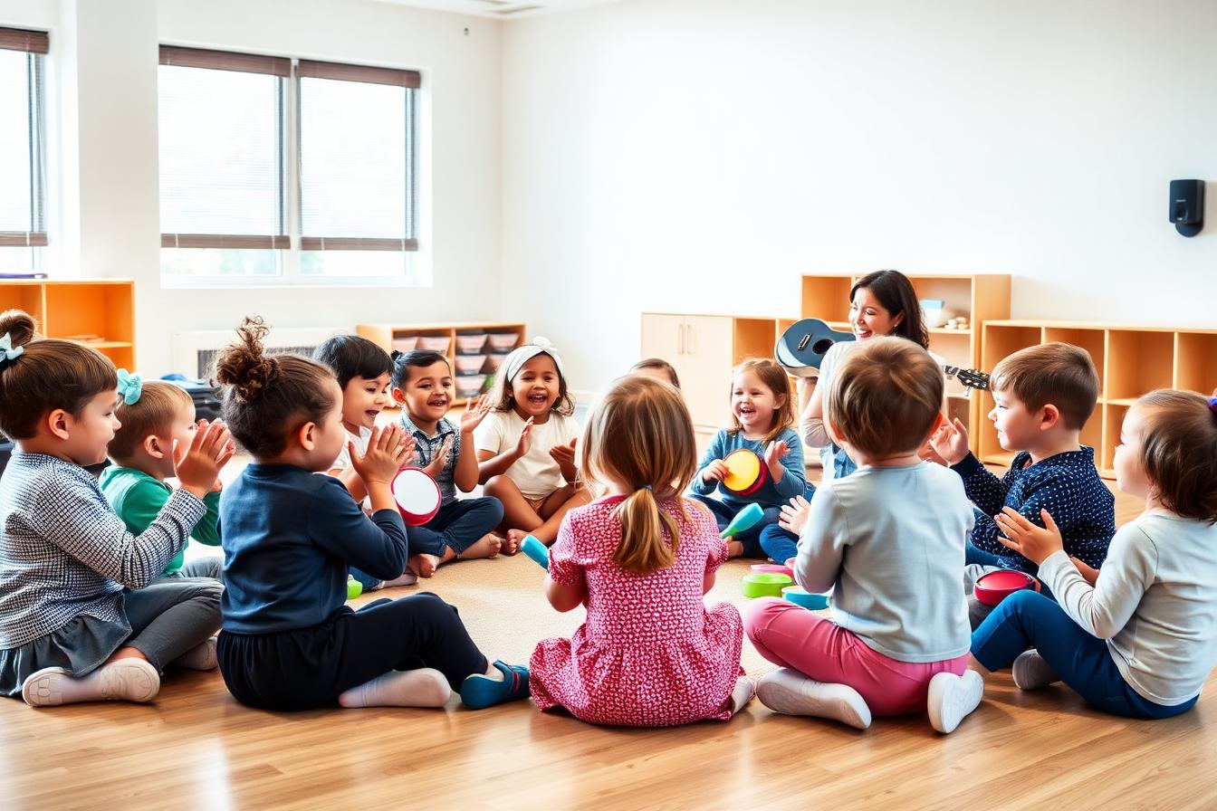 Preschool children sitting in a circle playing instruments with a teacher